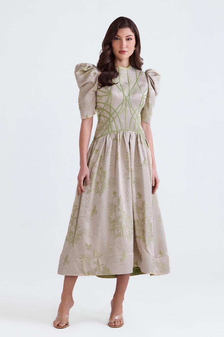 Lila Green Jacquard Flared Midi - Zabella