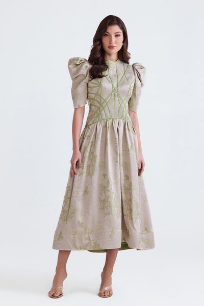 Lila Green Jacquard Flared Midi - Zabella