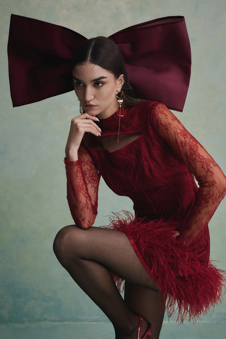 Luna Feather Lace Mini Dress - Zabella