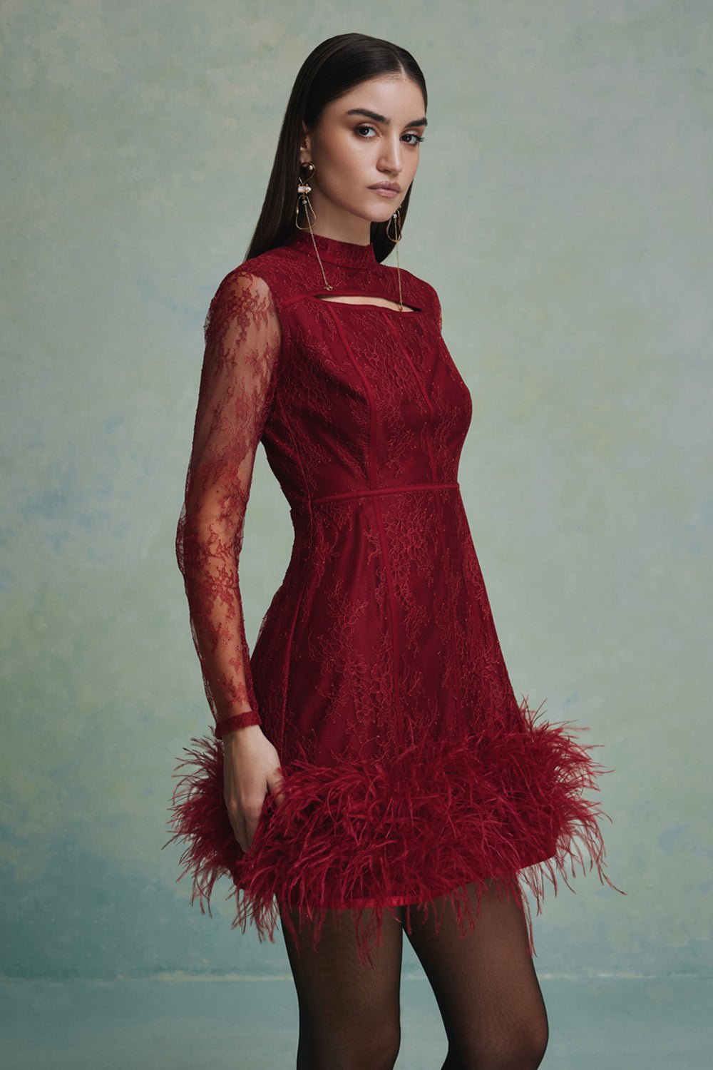 Luna Feather Lace Mini Dress - Zabella