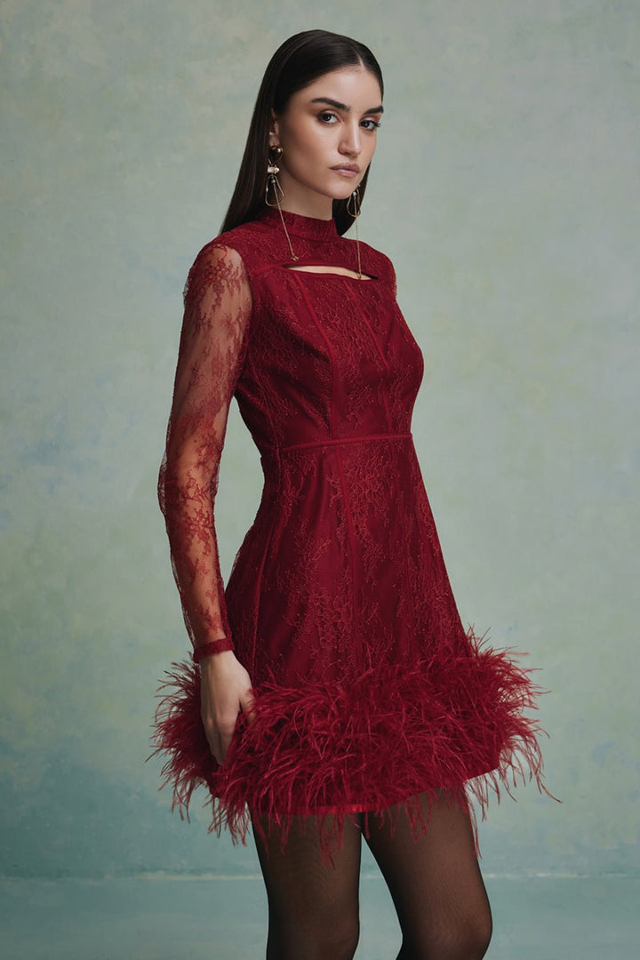 Luna Feather Lace Mini Dress - Zabella