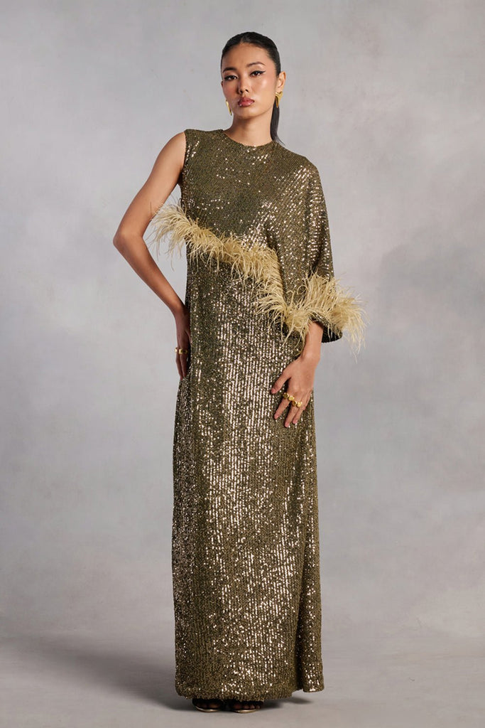 green sequin feather dress Strapless Floral Feather Sequin Maxi Dress Green