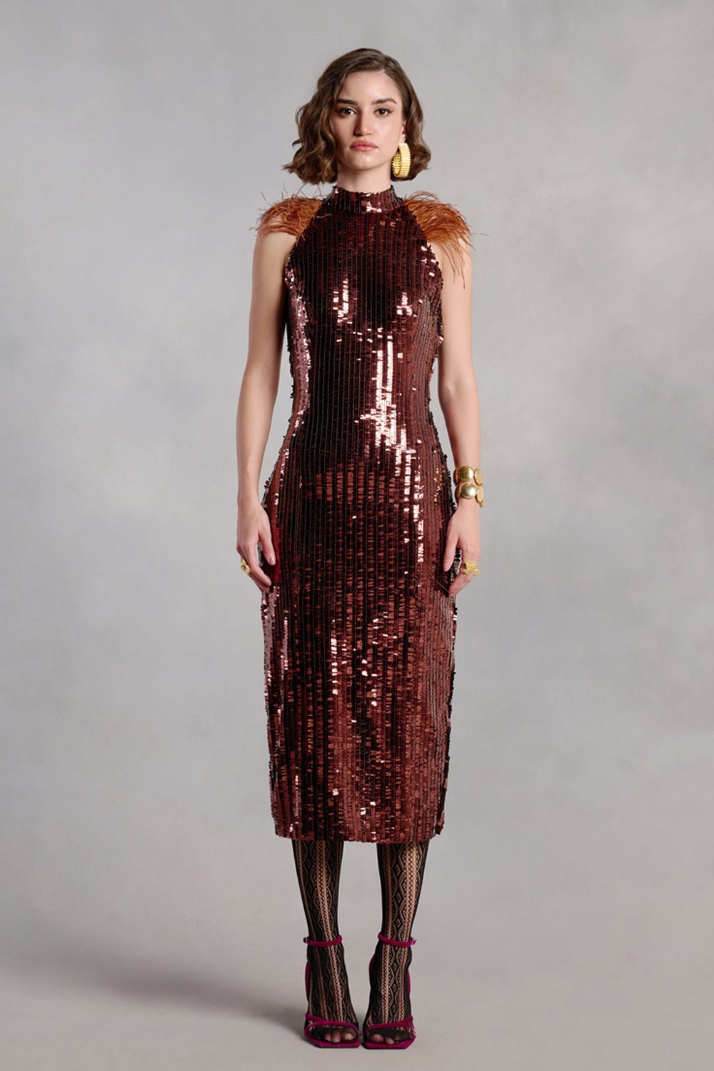 Neha Nagar In Our Paisley Brown Sequins Midi Dress With Feathers - Zabella