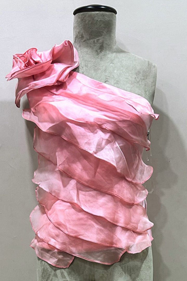 One Shoulder Organza Ruffled Top - Zabella