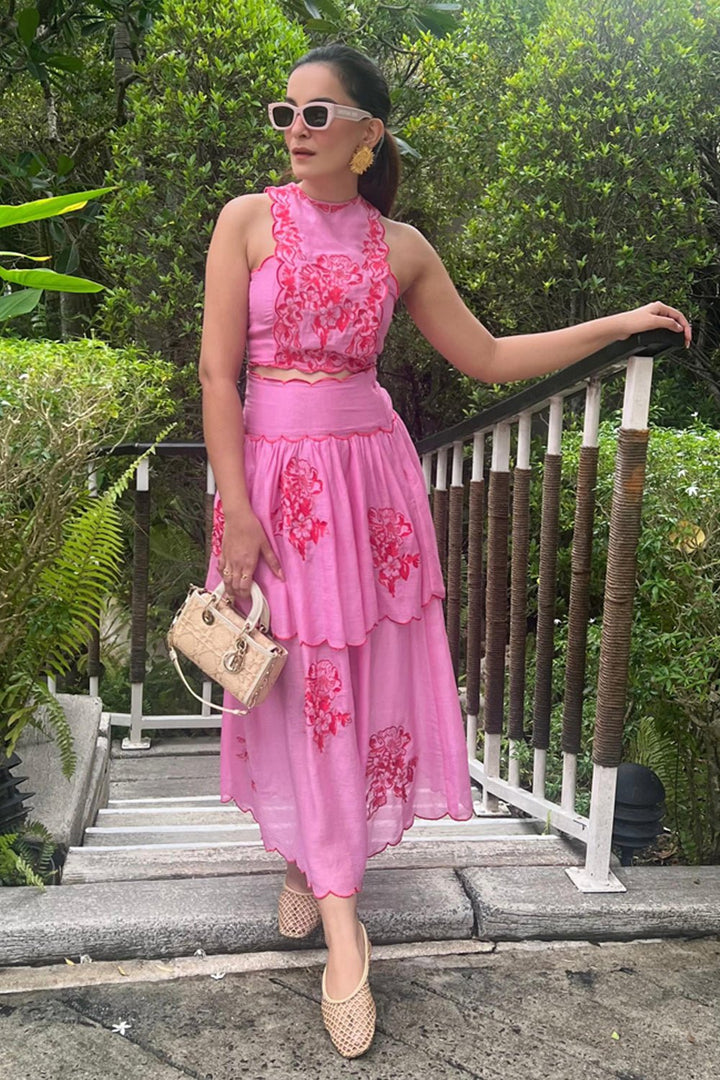 Rose Embroidered Cotton Skirt & Top Set - Zabella