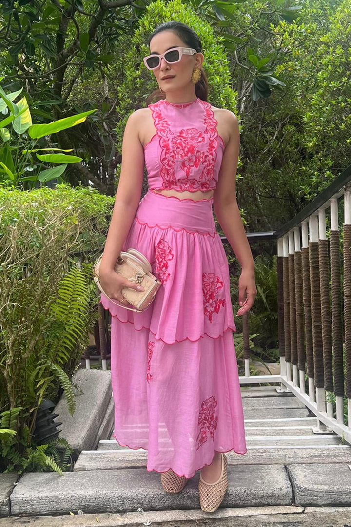 Rose Embroidered Cotton Skirt & Top Set - Zabella