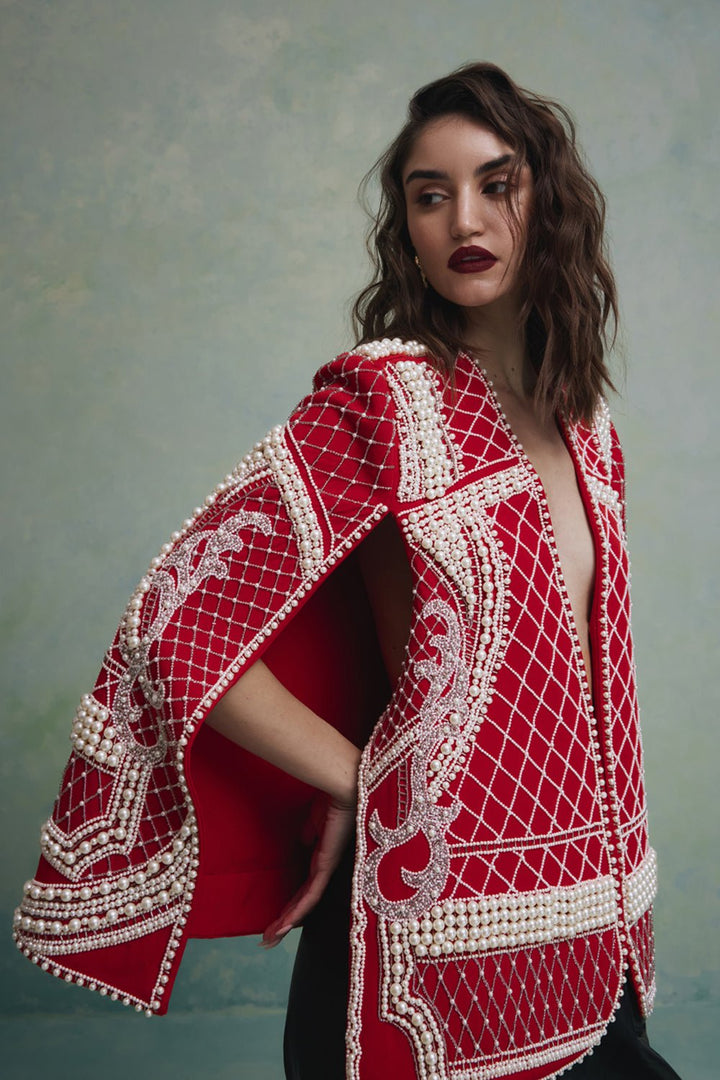 Rosette Red and White Pearl Cape Jacket - Zabella