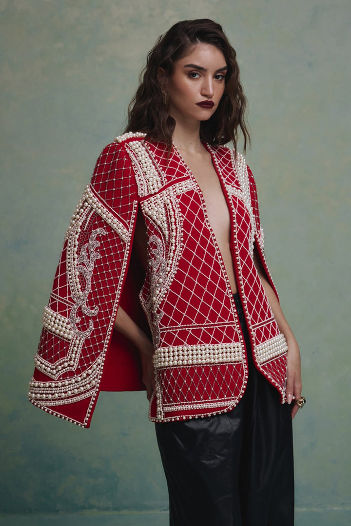 Rosette Red and White Pearl Cape Jacket - Zabella