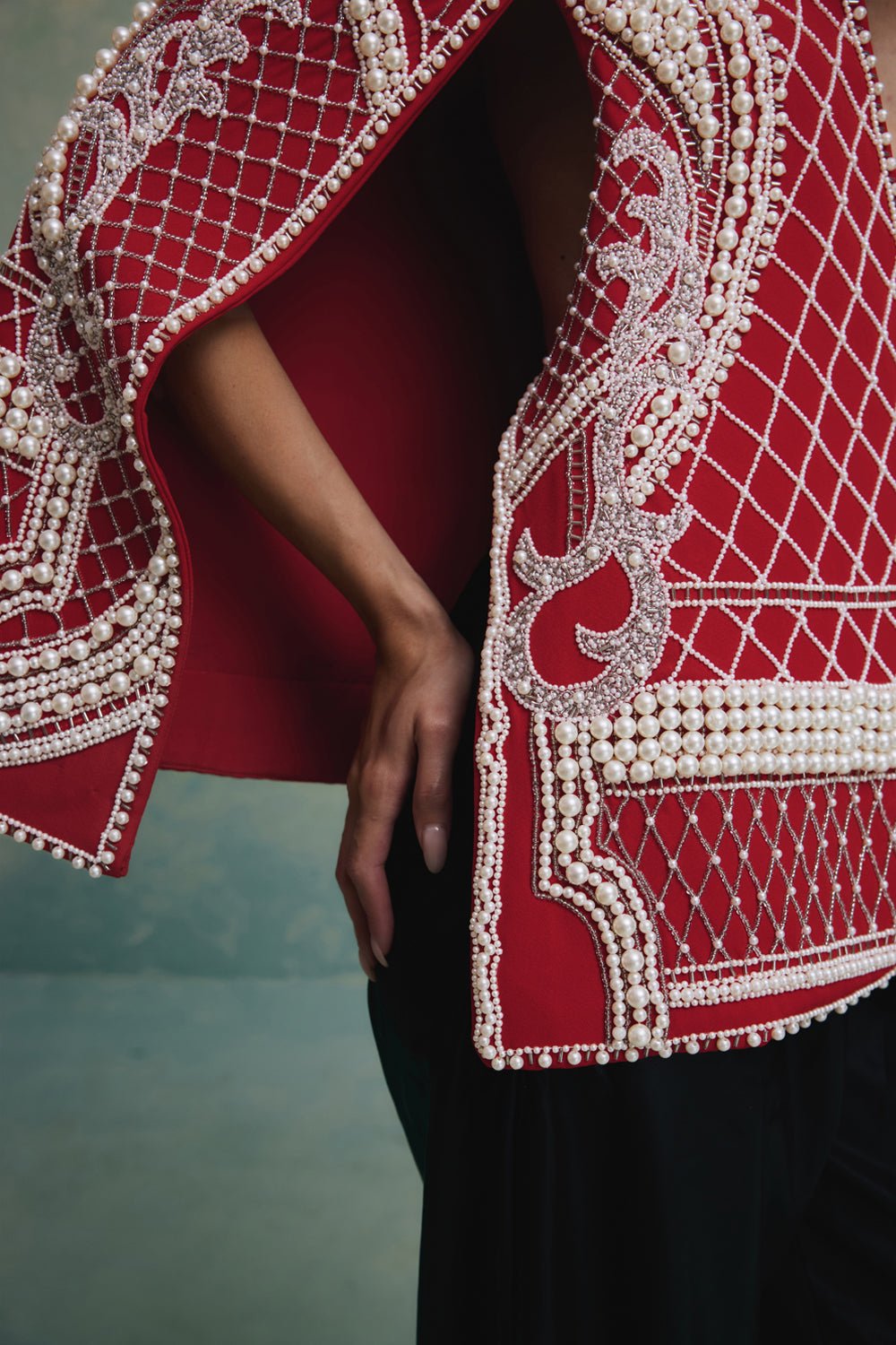 Rosette Red and White Pearl Cape Jacket - Zabella