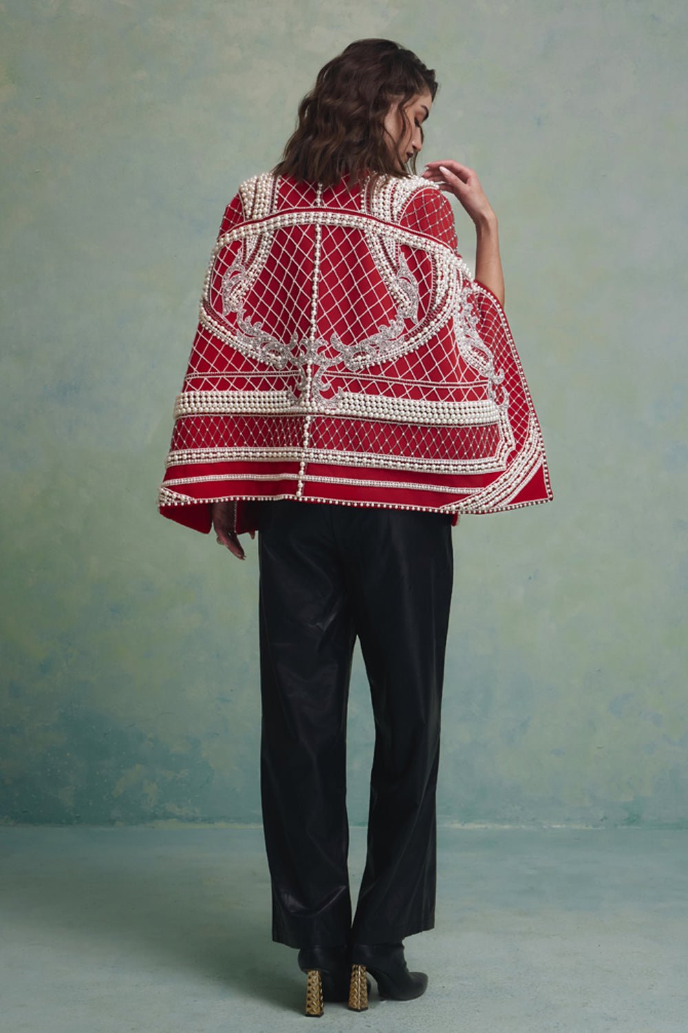 Rosette Red and White Pearl Cape Jacket - Zabella