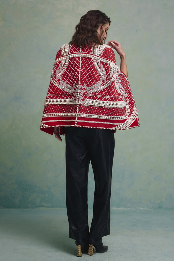 Rosette Red and White Pearl Cape Jacket - Zabella