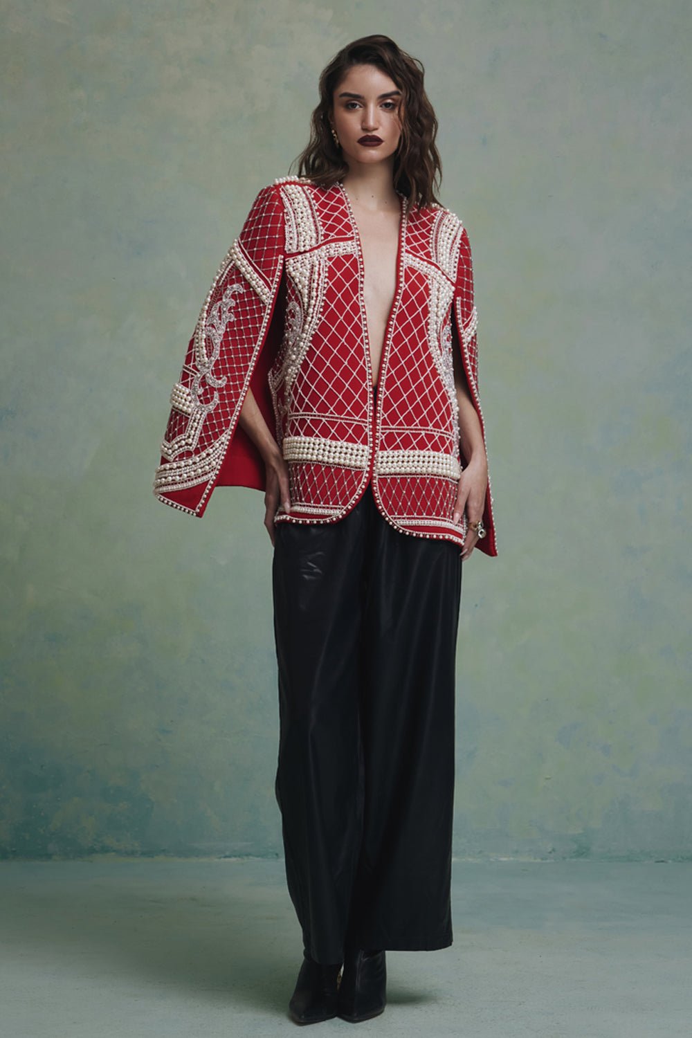 Rosette Red and White Pearl Cape Jacket - Zabella