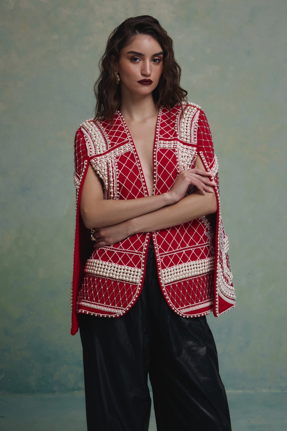 Rosette Red and White Pearl Cape Jacket - Zabella