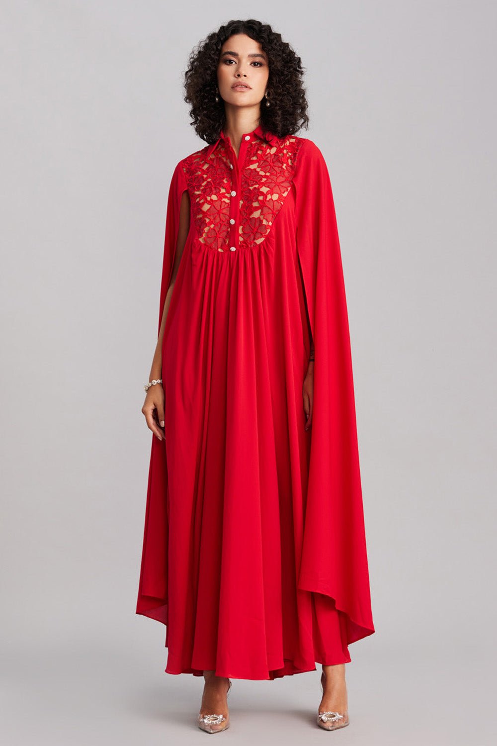 Ruby Red Lace & Georgette Cape Dress - Zabella