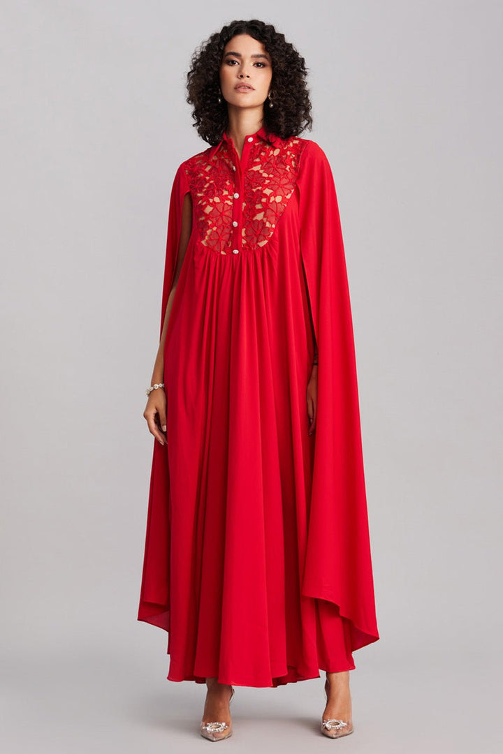 Ruby Red Lace & Georgette Cape Dress - Zabella