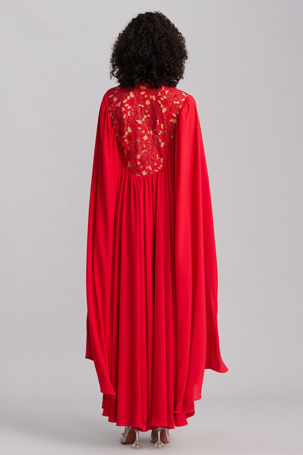 Ruby Red Lace & Georgette Cape Dress - Zabella