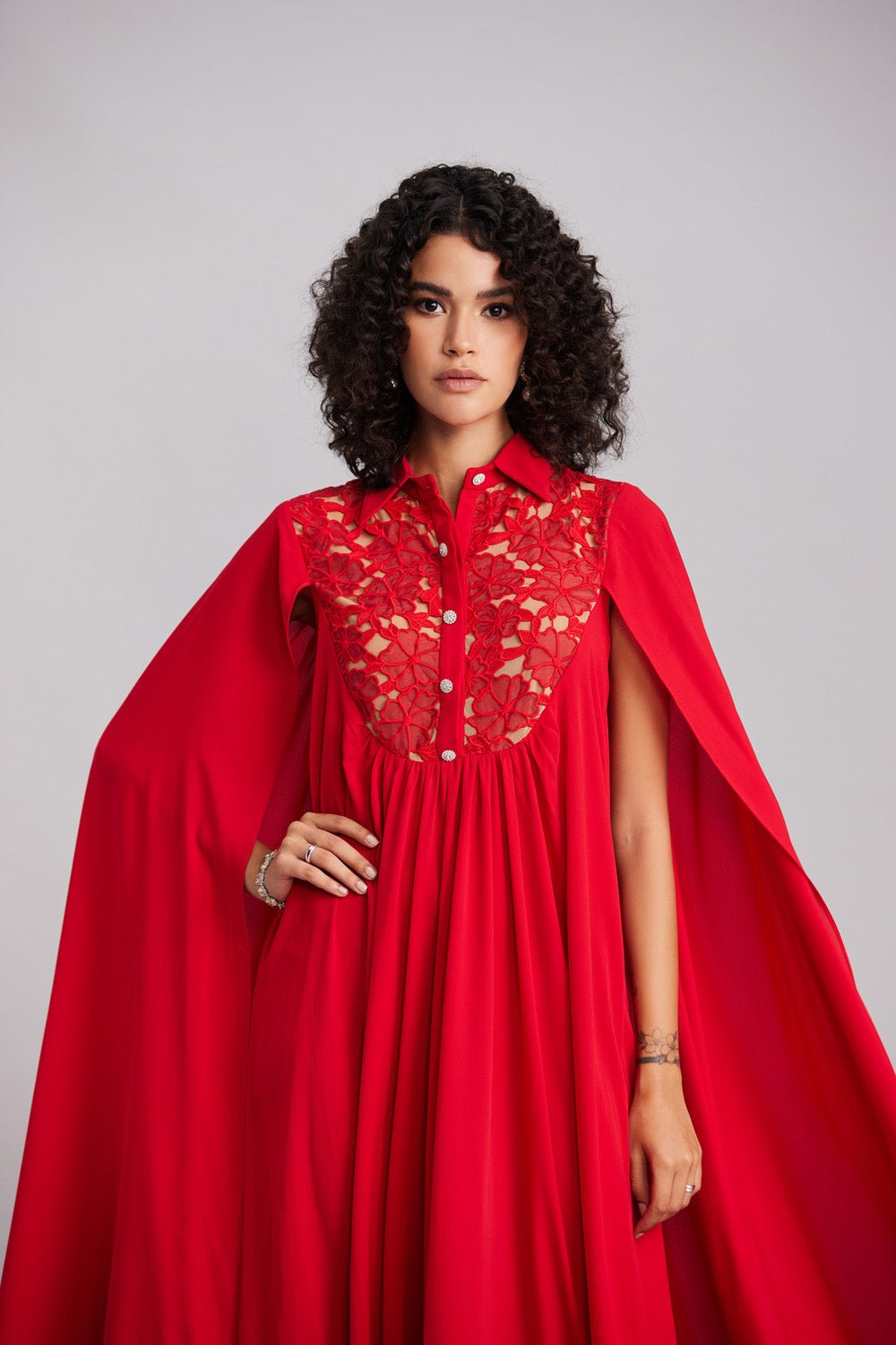 Ruby Red Lace & Georgette Cape Dress - Zabella