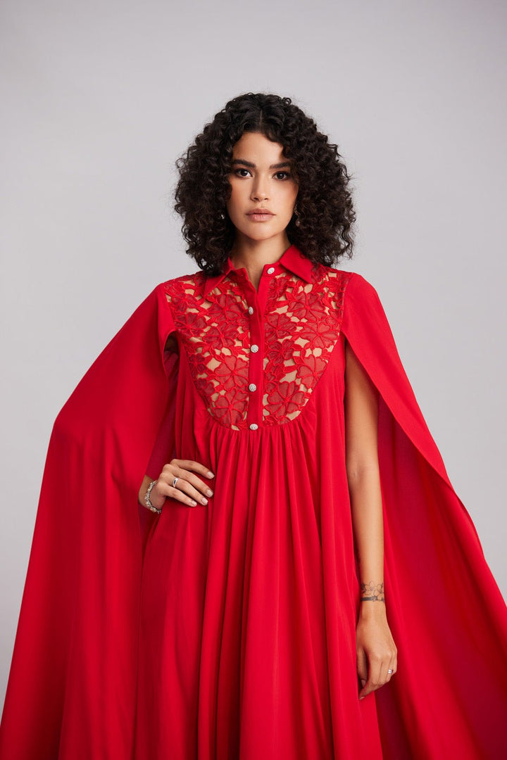 Ruby Red Lace & Georgette Cape Dress - Zabella
