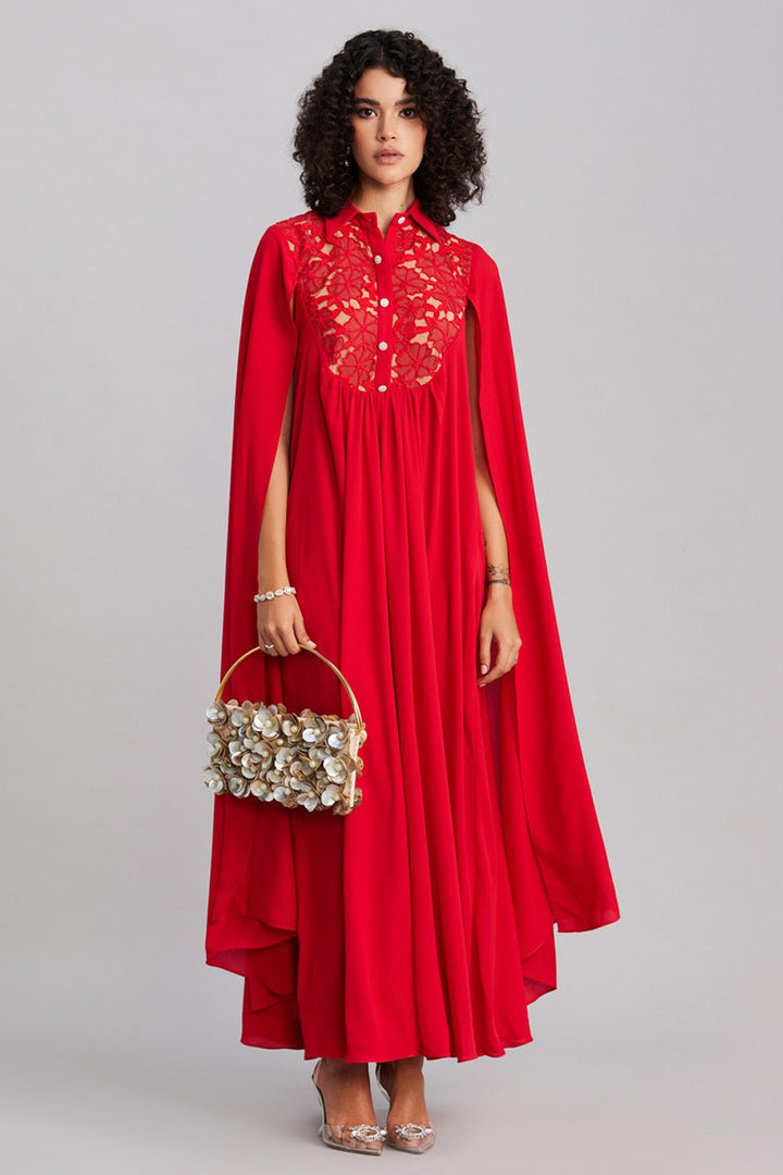 Ruby Red Lace & Georgette Cape Dress - Zabella