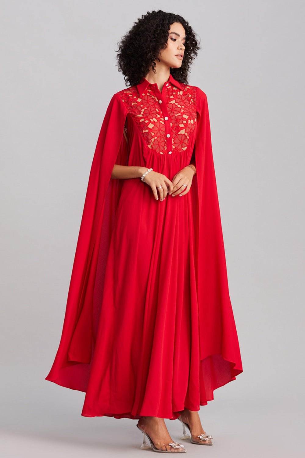 Ruby Red Lace & Georgette Cape Dress - Zabella