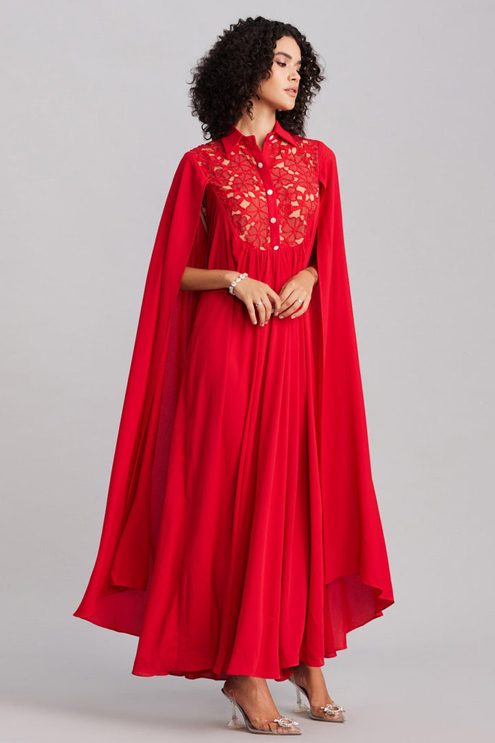 Ruby Red Lace & Georgette Cape Dress - Zabella