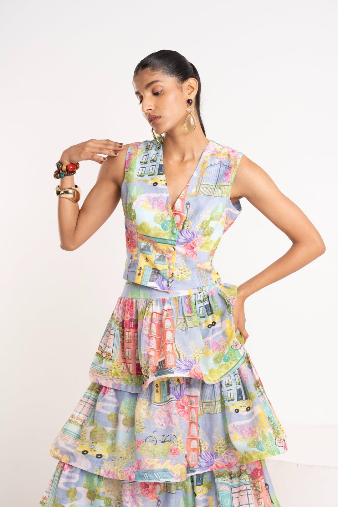 Street Print Waiscoat and Skirt Set - Zabella