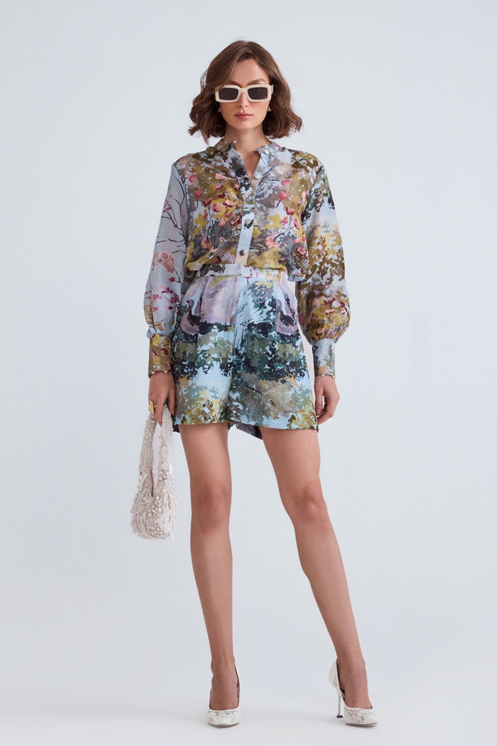 Swan Blue Linen Shirt and Shorts Set - Zabella
