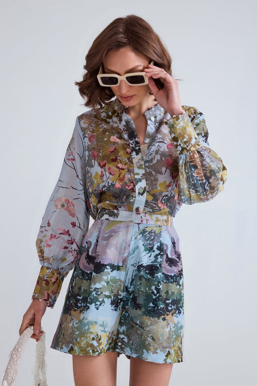 Swan Blue Linen Shirt and Shorts Set - Zabella