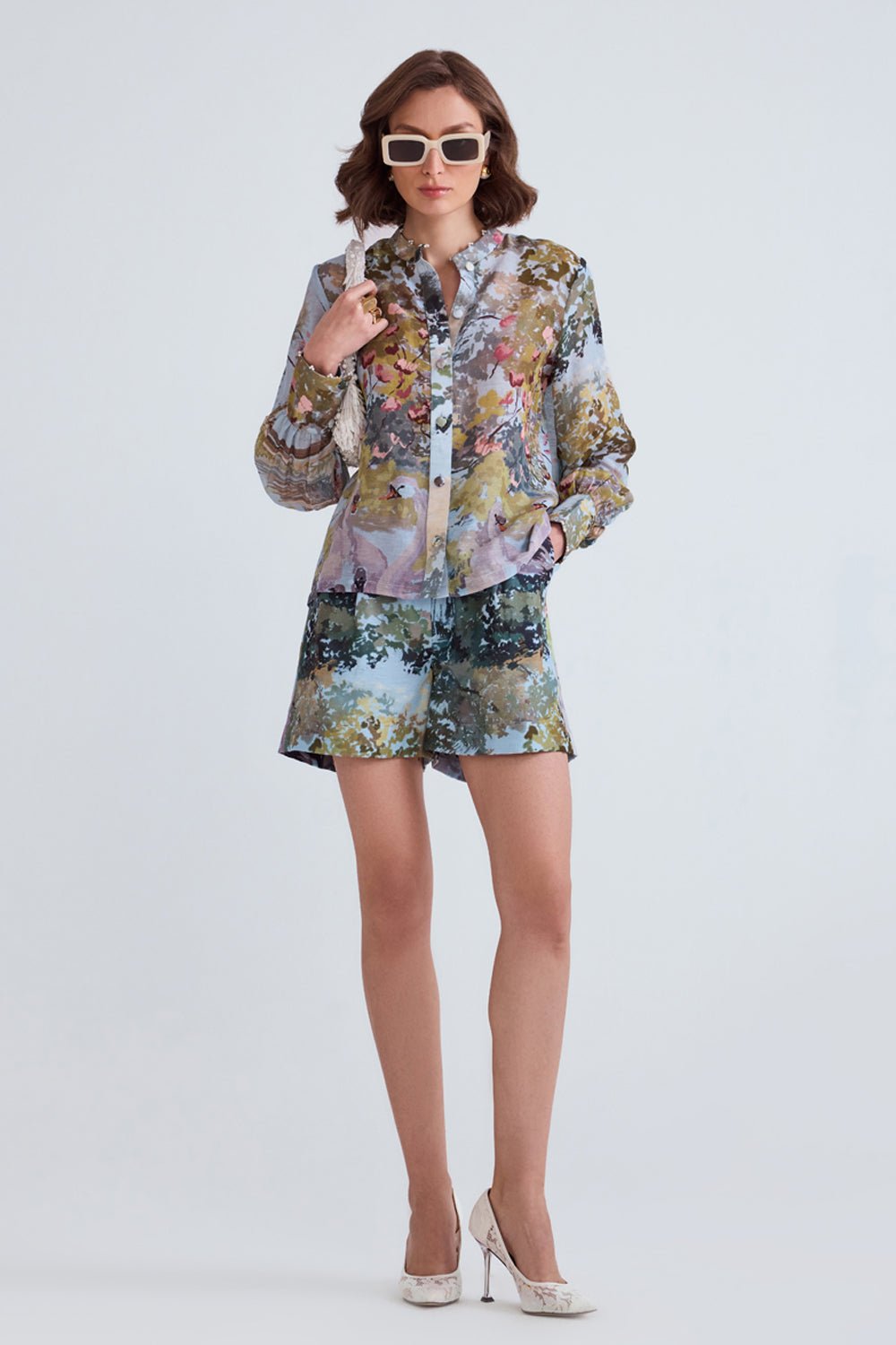 Swan Blue Linen Shirt and Shorts Set - Zabella