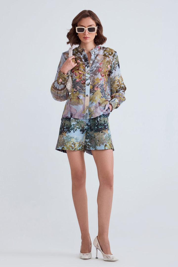 Swan Blue Linen Shirt and Shorts Set - Zabella