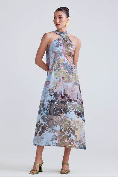 Swan Blue Satin Midi Dress - Zabella