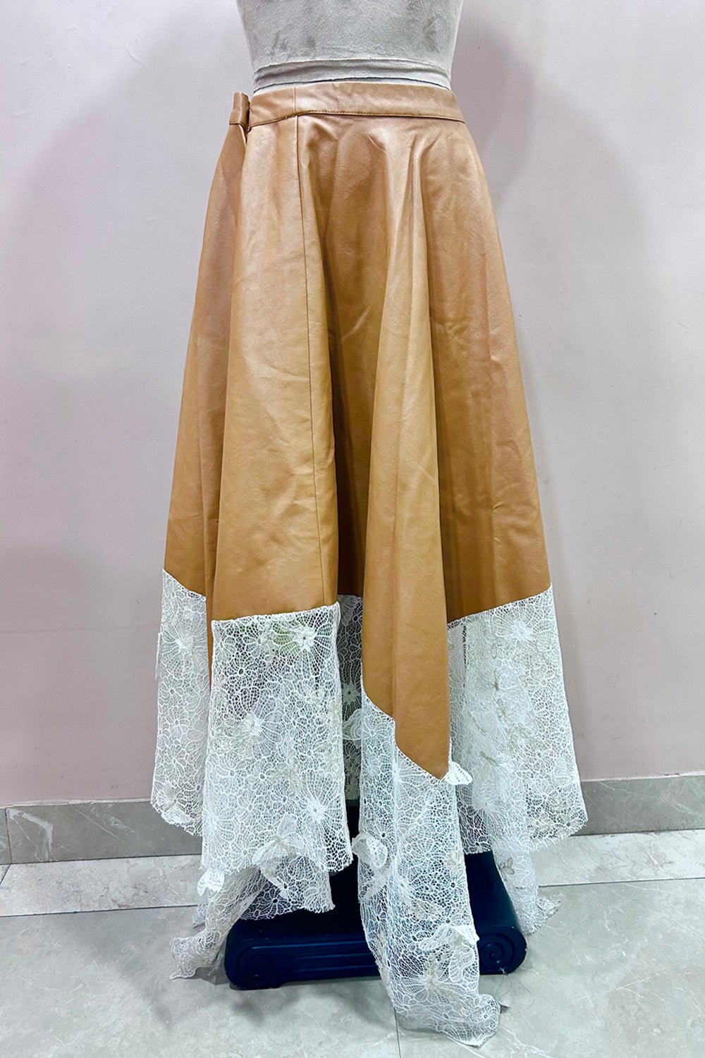 Tan Leather and Lace Skirt - Zabella