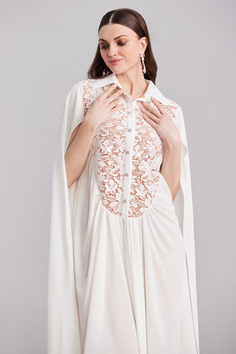 White Lace & Georgette Cape Dress - Zabella