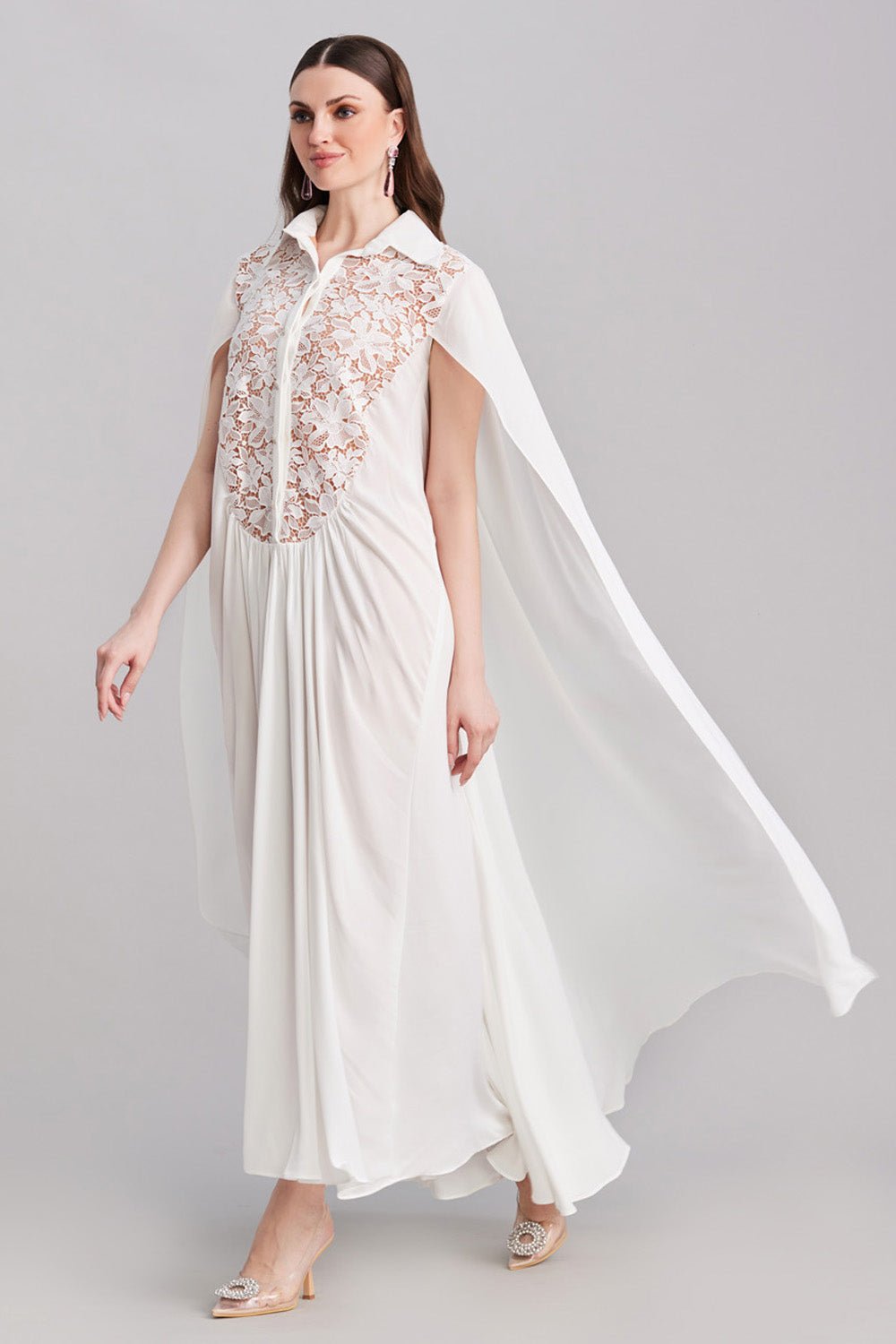 White Lace & Georgette Cape Dress - Zabella