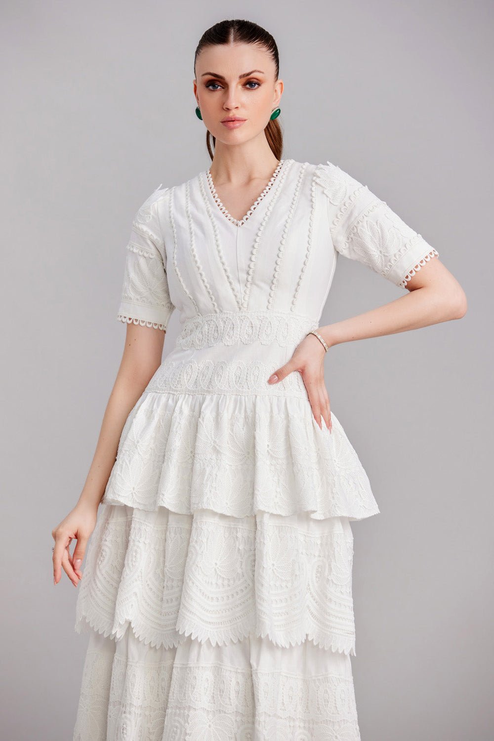 White Layered Linen And Lace Midi Dress - Zabella