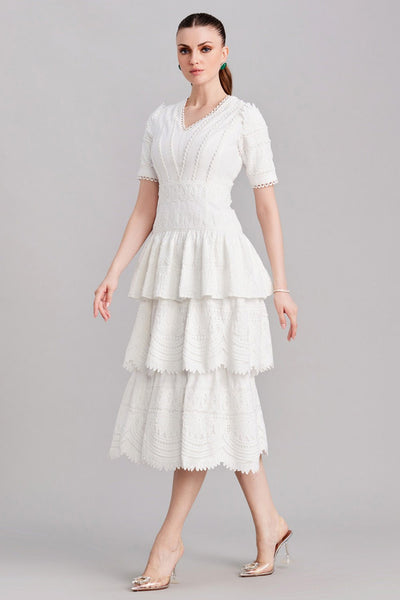 White Layered Linen And Lace Midi Dress - Zabella