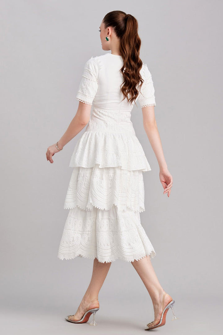 White Layered Linen And Lace Midi Dress - Zabella