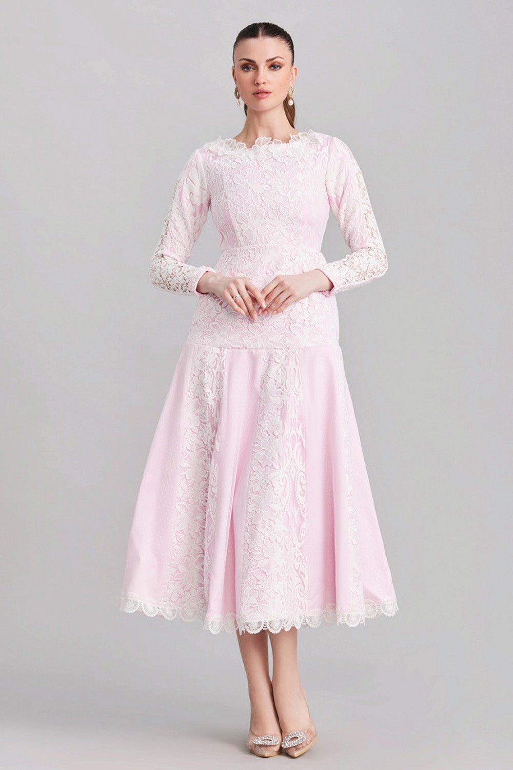 White & Pink Panelled Lace Dress - Zabella