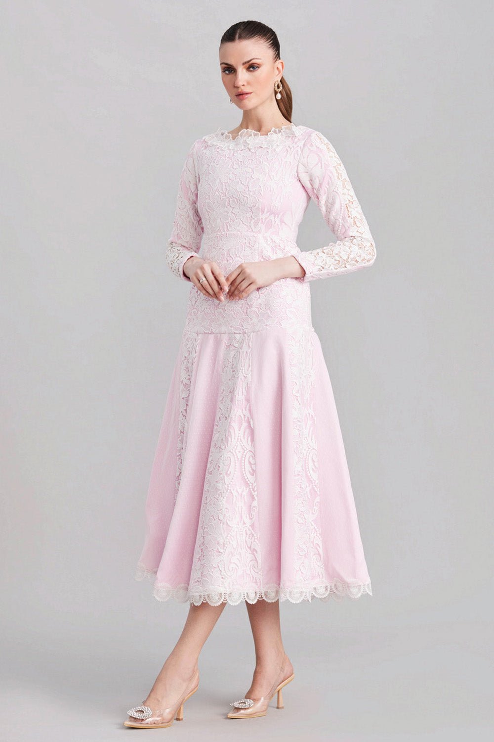 White & Pink Panelled Lace Dress - Zabella