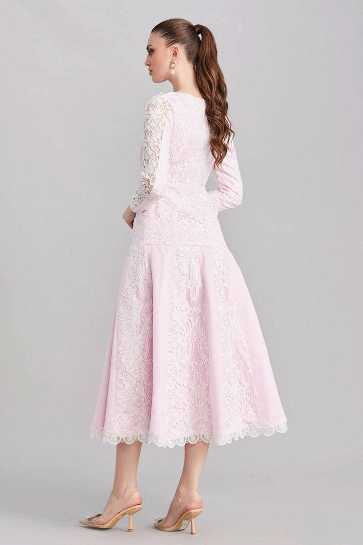 White & Pink Panelled Lace Dress - Zabella