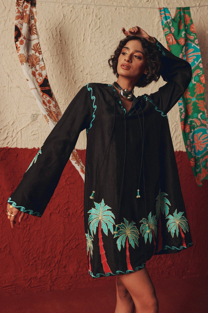 Wild Roots Black Handcrafted Linen Mini Dress