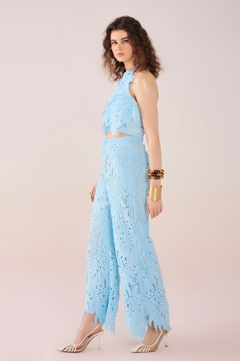 Blue Leaflet Lace Top & Pants Set