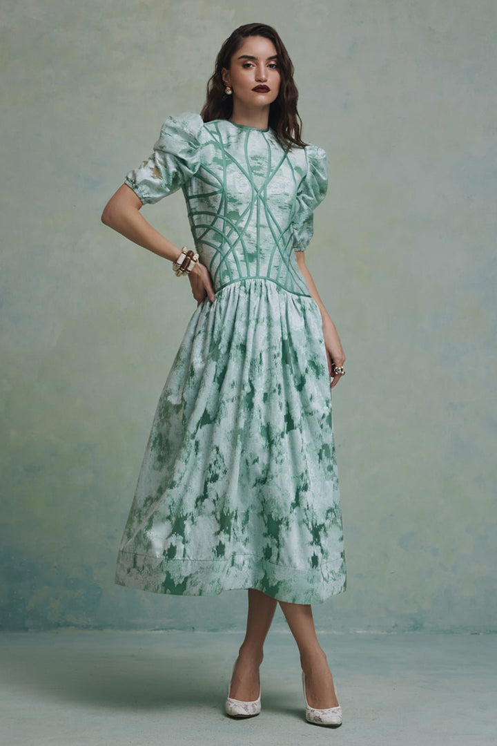 Zeba Green Jacquard Flared Midi Dress - Zabella