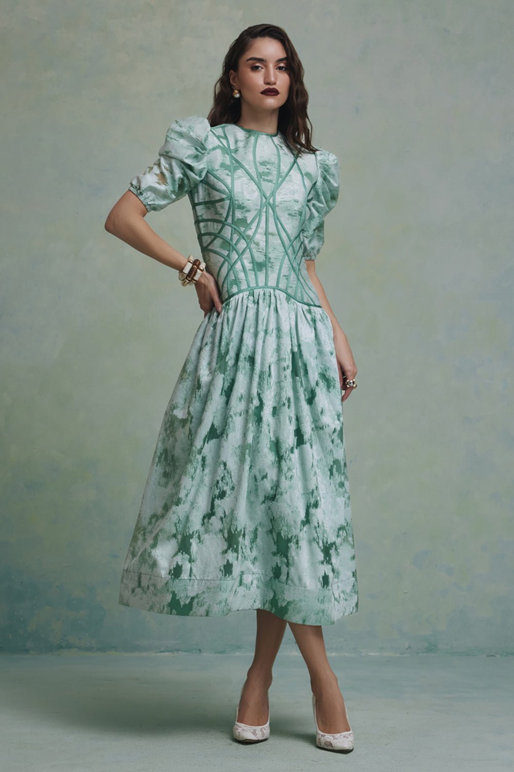 Zeba Green Jacquard Flared Midi Dress Zabella Zeba Green Jacquard Flared Midi Dress Zabella