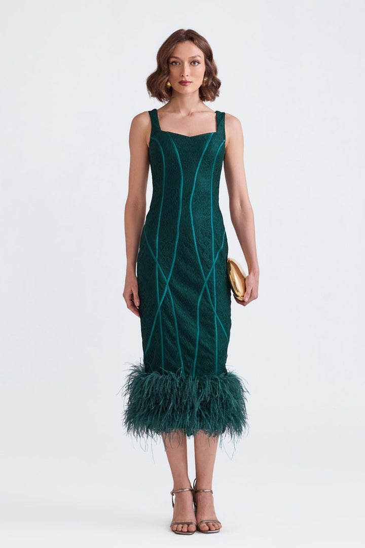 Zoe Green Lace Midi Dress With Feathers - Zabella
