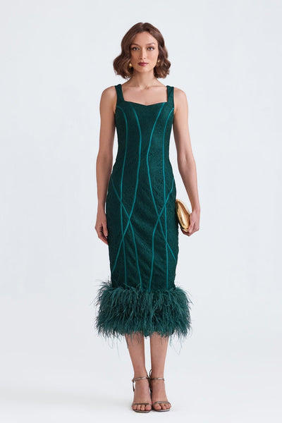 Zoe Green Lace Midi Dress With Feathers - Zabella