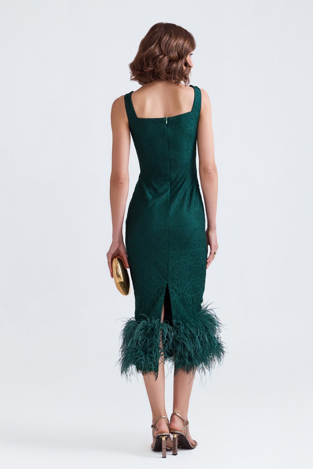 Zoe Green Lace Midi Dress With Feathers - Zabella