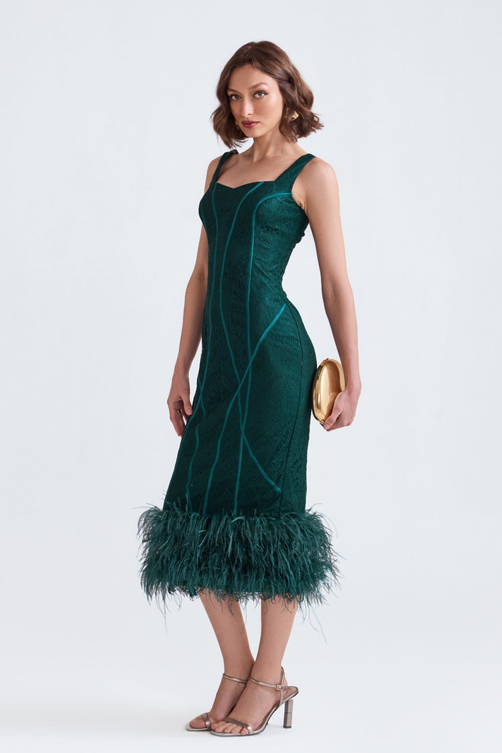Zoe Green Lace Midi Dress With Feathers - Zabella
