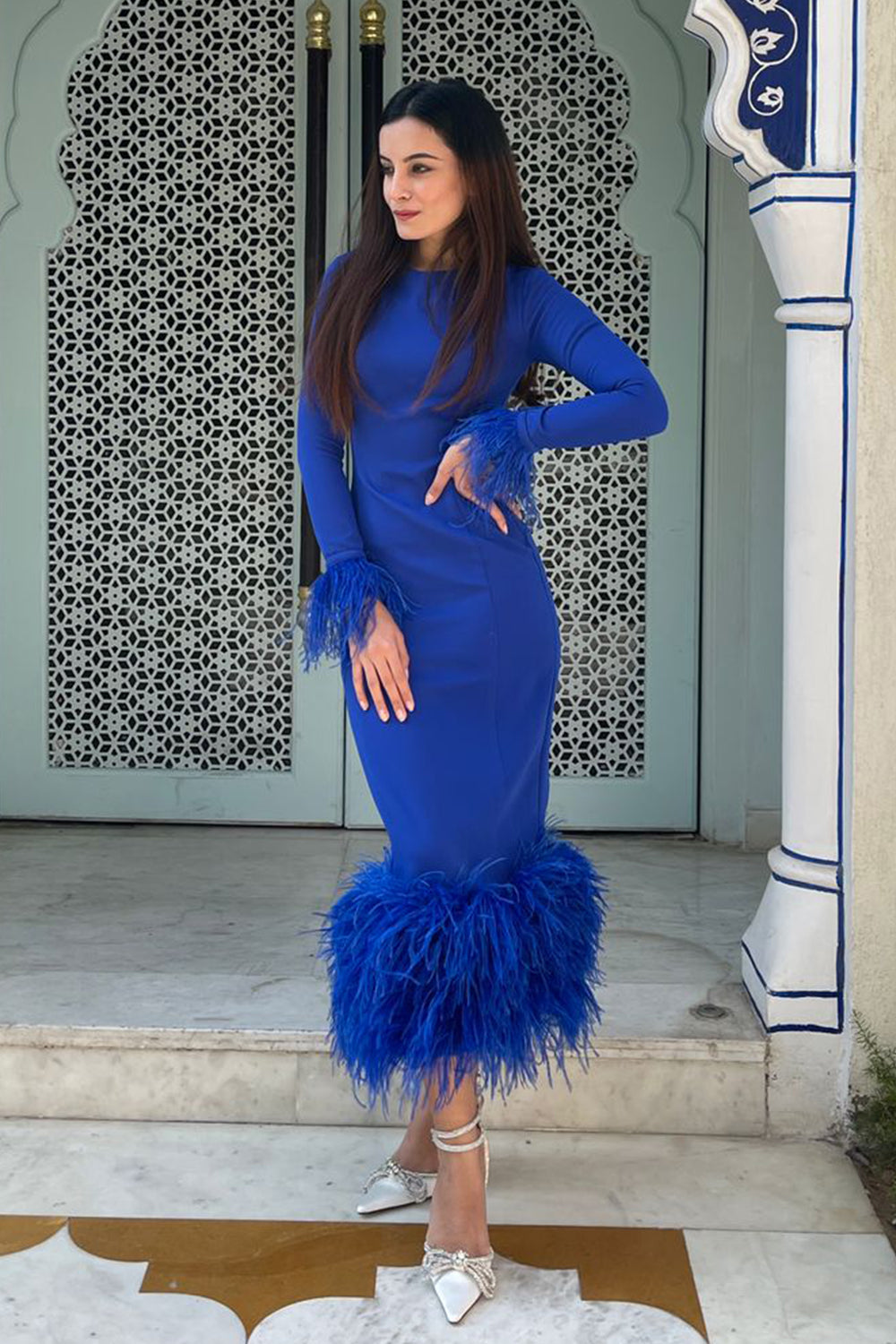 Indigo Blue Dress With Feathers