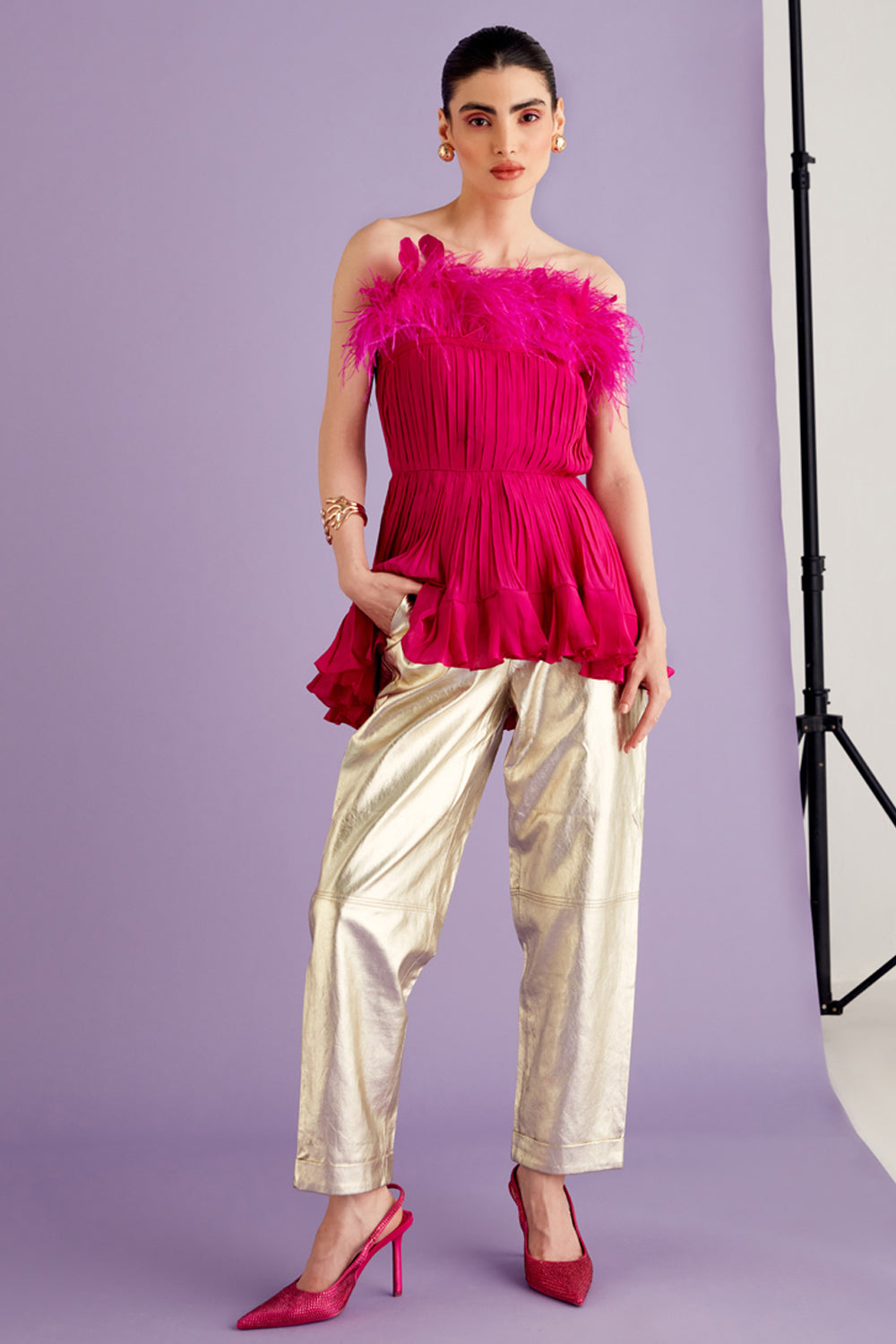 Hot Pink Pleated Feather Top